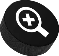 Hockey puck with a magnifying glass icon.
