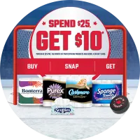 Image of products on the ice: Scotties, Bonterra, Purex, Cashmere UltraLuxe, Sponge Towels. Made in Canada Logo on hockey puck shooting at net.
