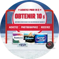 Image of products on the ice: Scotties, Bonterra, Purex, Cashmere UltraLuxe, Sponge Towels. Made in Canada Logo on hockey puck shooting at net.