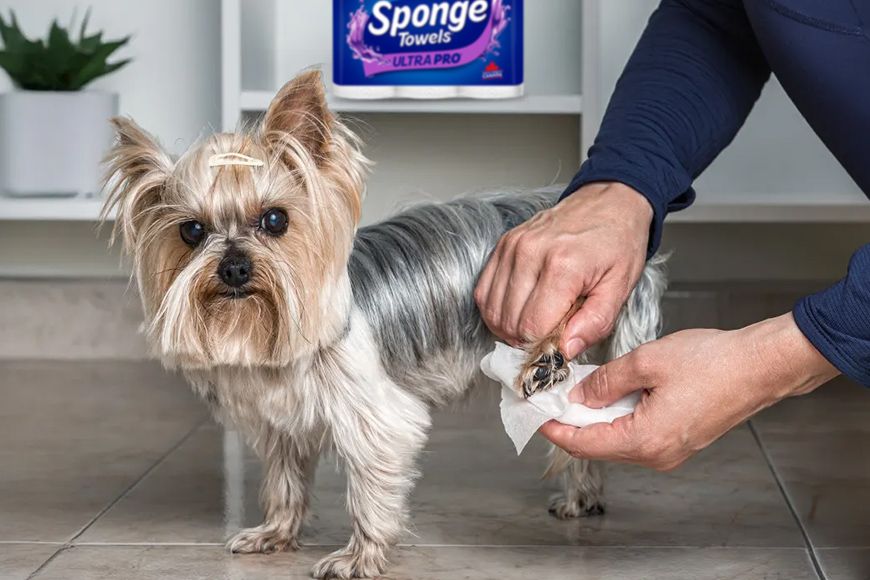 A man wiping a dogs paw with a towel paper