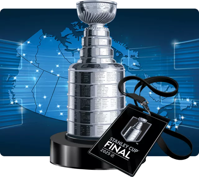 A Stanley Cup lanyard and the Stanley Cup with the outline of Canada in the background. Small dots scattered across the country represent various Canadian locations.