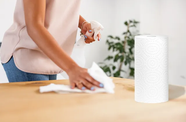 A woman wiping the counter with a Sponge Towel