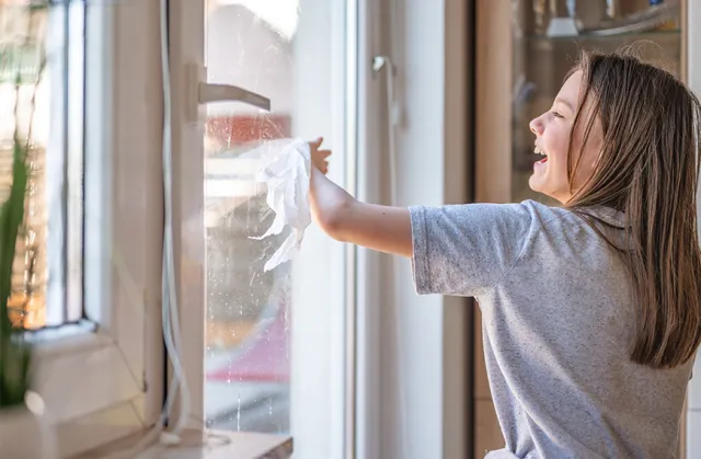 Girl cleaning a window with a tissue