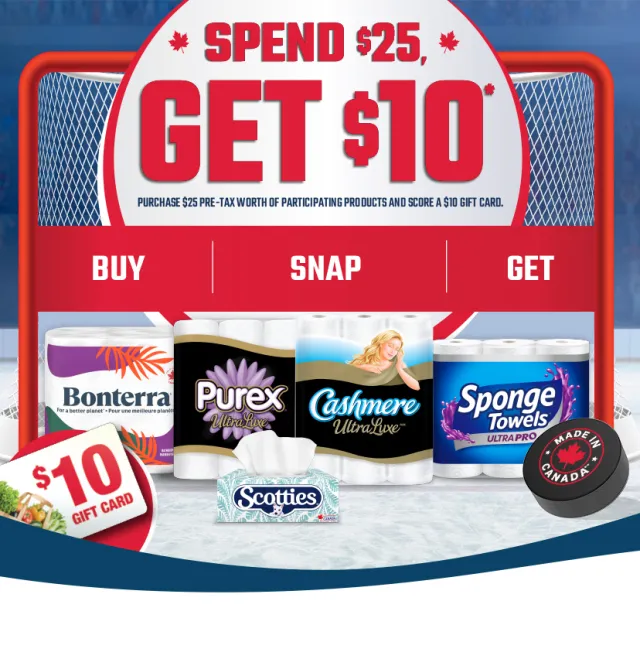 Image of products on the ice: Scotties, Bonterra, Purex, Cashmere UltraLuxe, Sponge Towels. Made in Canada Logo on hockey puck shooting at net.