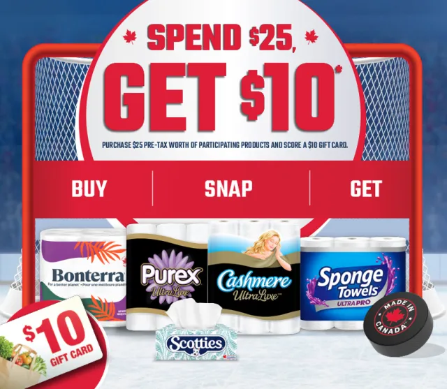Image of products on the ice: Scotties, Bonterra, Purex, Cashmere UltraLuxe, Sponge Towels. Made in Canada Logo on hockey puck shooting at net.