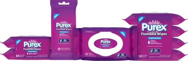 Purex Flushable Wipes group shot of products