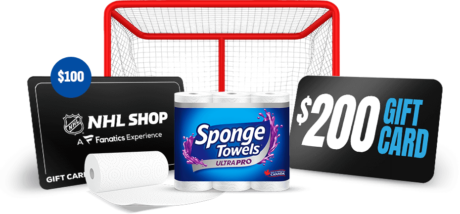 Hockey net with selection of instant prizes in front – including NHLShop.ca gift card, grocery gift card, and Sponge Towels.