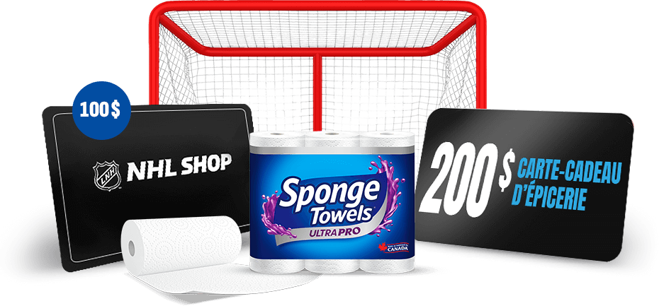 Hockey net with selection of instant prizes in front – including NHLShop.ca gift card, grocery gift card, and Sponge Towels.